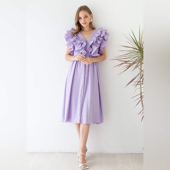 PLEATED RUFFLE BUTTONED DEEP V-NECK DRESS IN LILAC - Picture 5 of 14